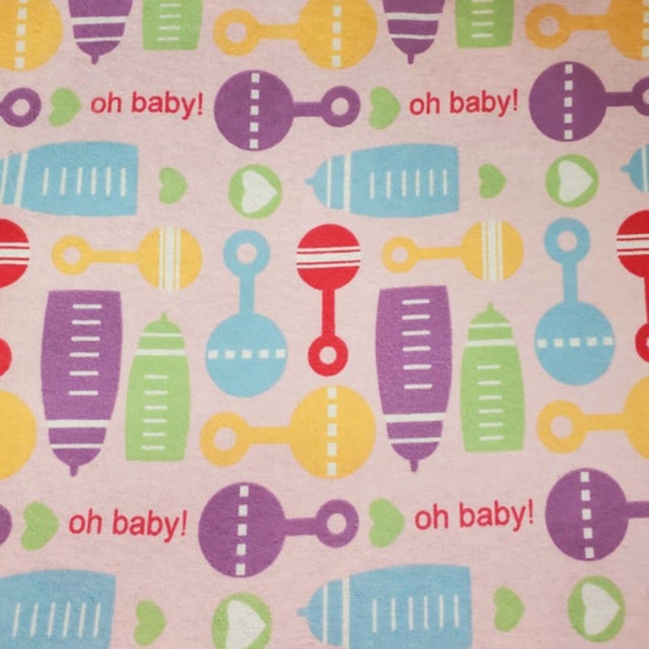 Oh Baby Bottles and Rattle Pink Cotton Flannel Fabric by the Yard